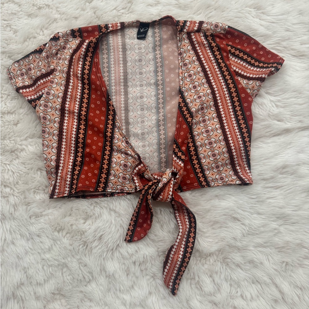 Windsor Boho Cognac/Rust Coloured  Patterned Tie-Front Wrap Blouse